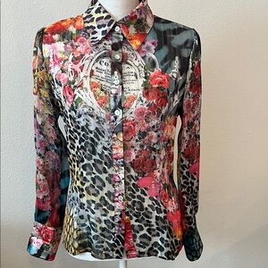 XS Women's Silk Sheer Floral & Leopard Print Button-Down Shirt in Multi-Color